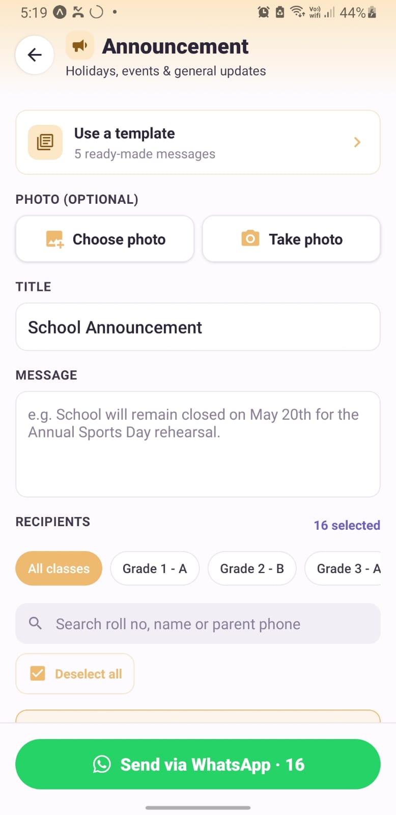 School Relay announcements screen