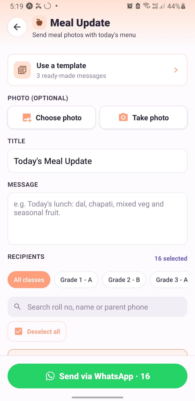 School Relay meal update screen